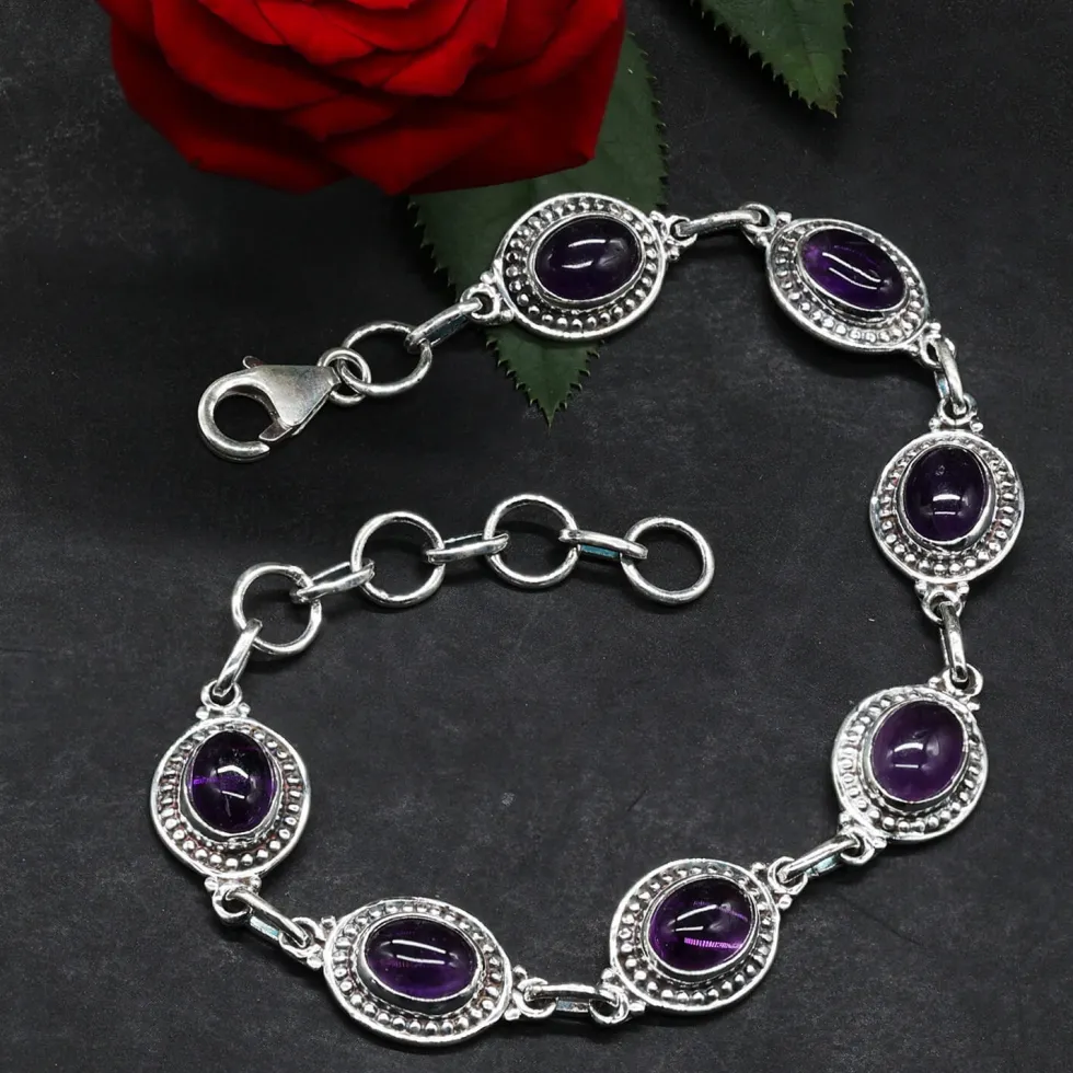 Armband Amethyst Edelstein oval Carbochon edles Damen Armschmuck 925 Silber