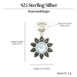 Blauer Topas Anhänger Sonne mit Edelstein Silber Schmuck 925 Silber