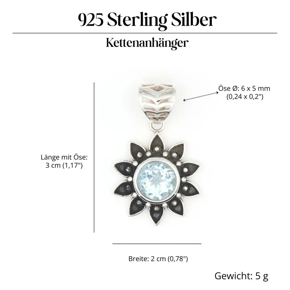 Blauer Topas Anhänger Sonne mit Edelstein Silber Schmuck 925 Silber