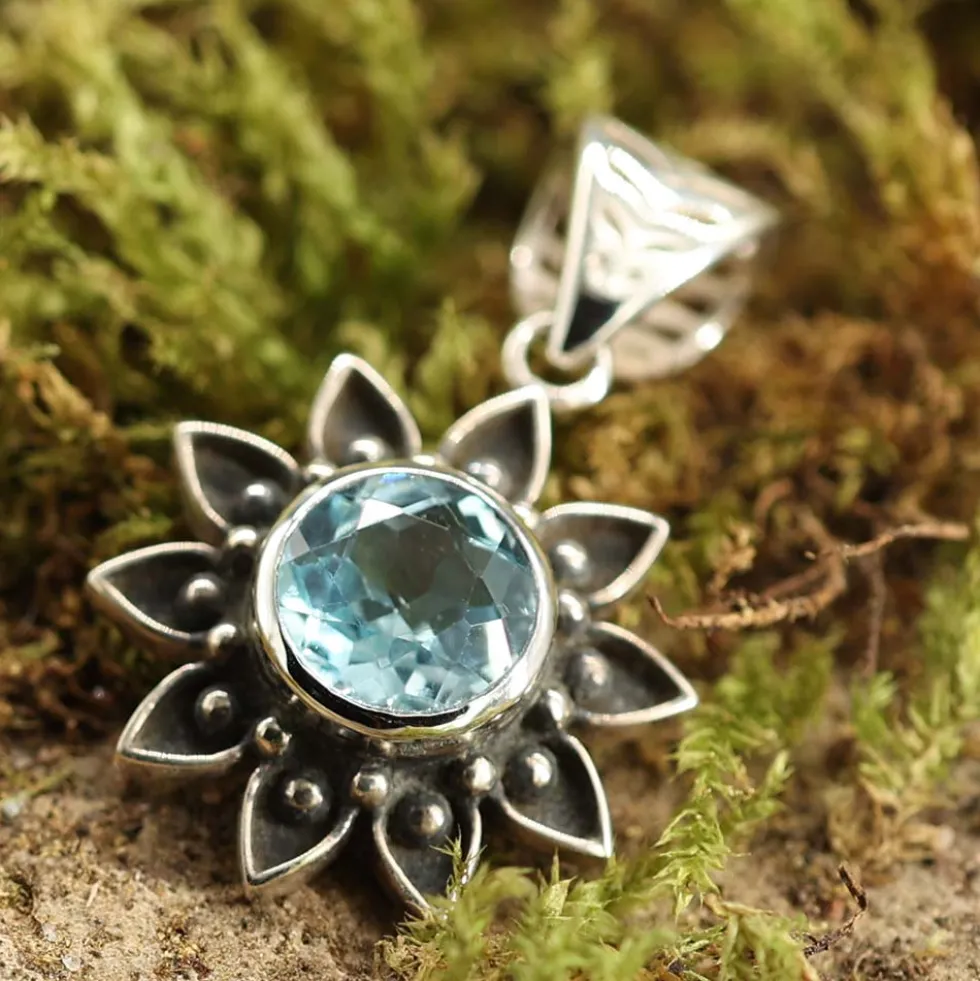Blauer Topas Anhänger Sonne mit Edelstein Silber Schmuck 925 Silber