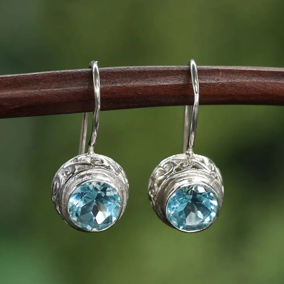 Blauer Topas Ohrringe 925er Silber Ohrschmuck Einhänger (Paar)