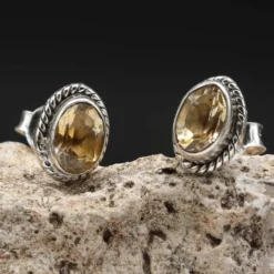 Damen Ohrstecker Edelstein Citrin oval 925er Silber Ohrschmuck (Paar)