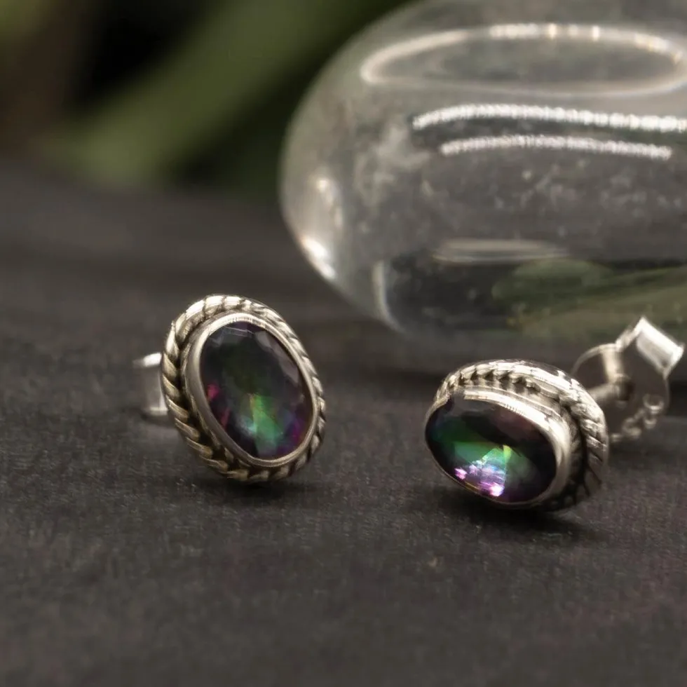 Damen Ohrstecker Edelstein Magic Quarz oval 925er Silber Ohrringe (Paar)