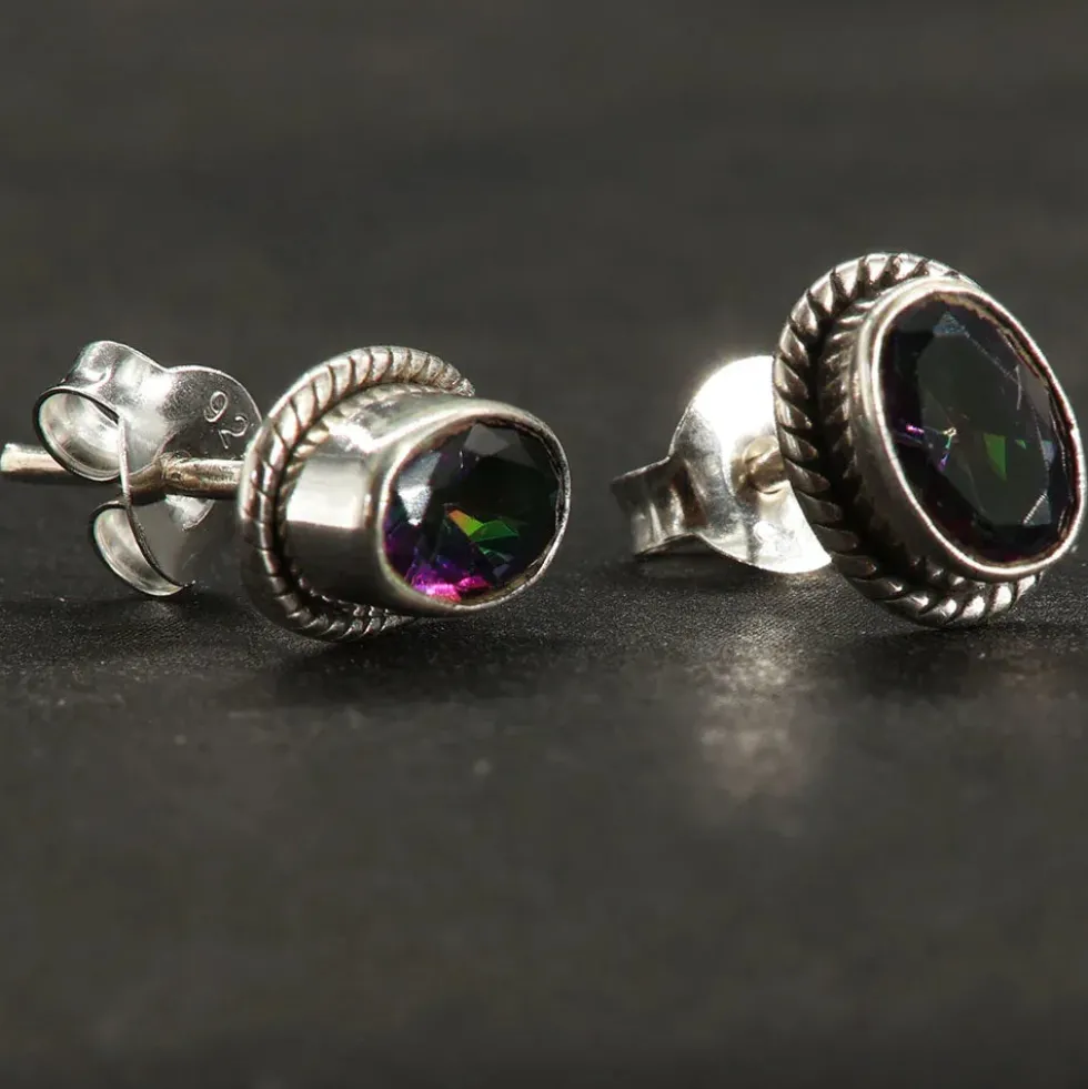 Damen Ohrstecker Edelstein Magic Quarz oval 925er Silber Ohrringe (Paar)