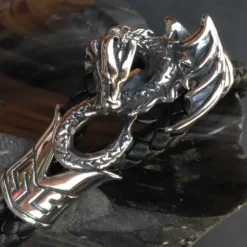Drachen Armband Leder mit Edelstahl Schiebe Verschluss