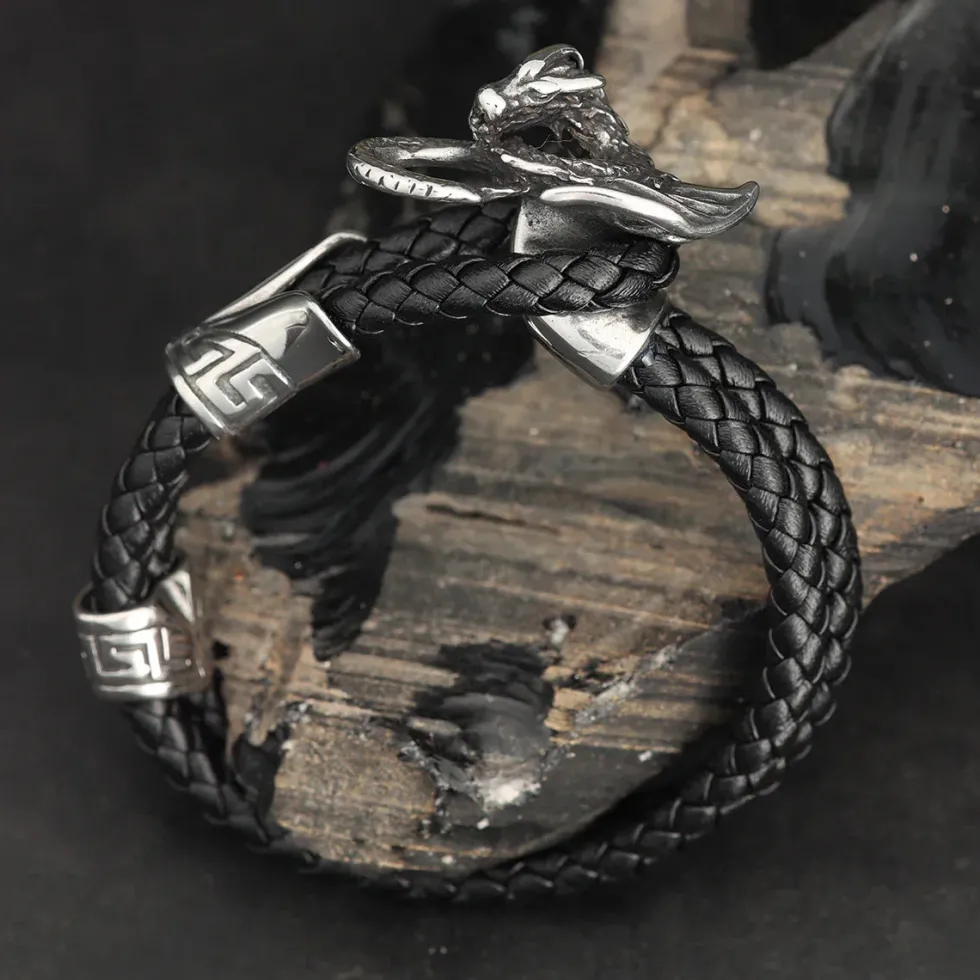 Drachen Armband Leder mit Edelstahl Schiebe Verschluss