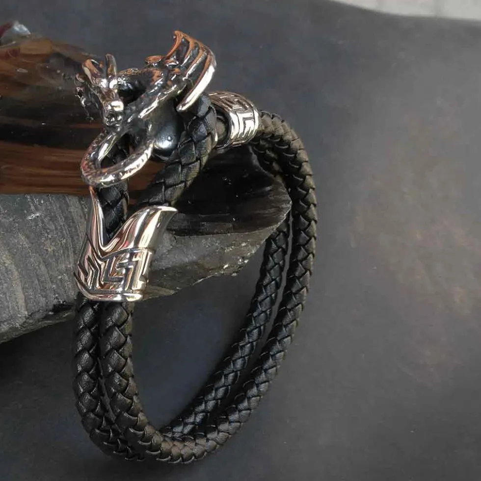 Drachen Armband Leder mit Edelstahl Schiebe Verschluss