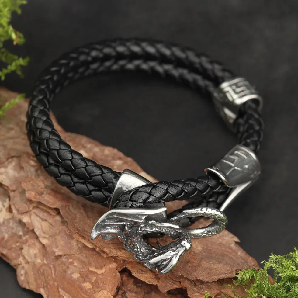 Drachen Armband Leder mit Edelstahl Schiebe Verschluss