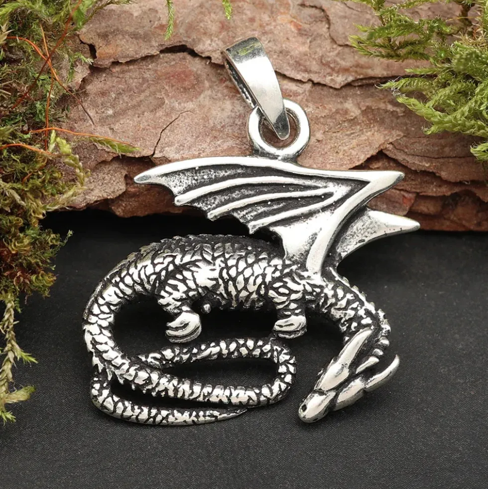 Drache Schmuck Kettenanhänger 925 Silber liegend
