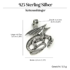 Drache Schmuck Kettenanhänger 925 Silber liegend