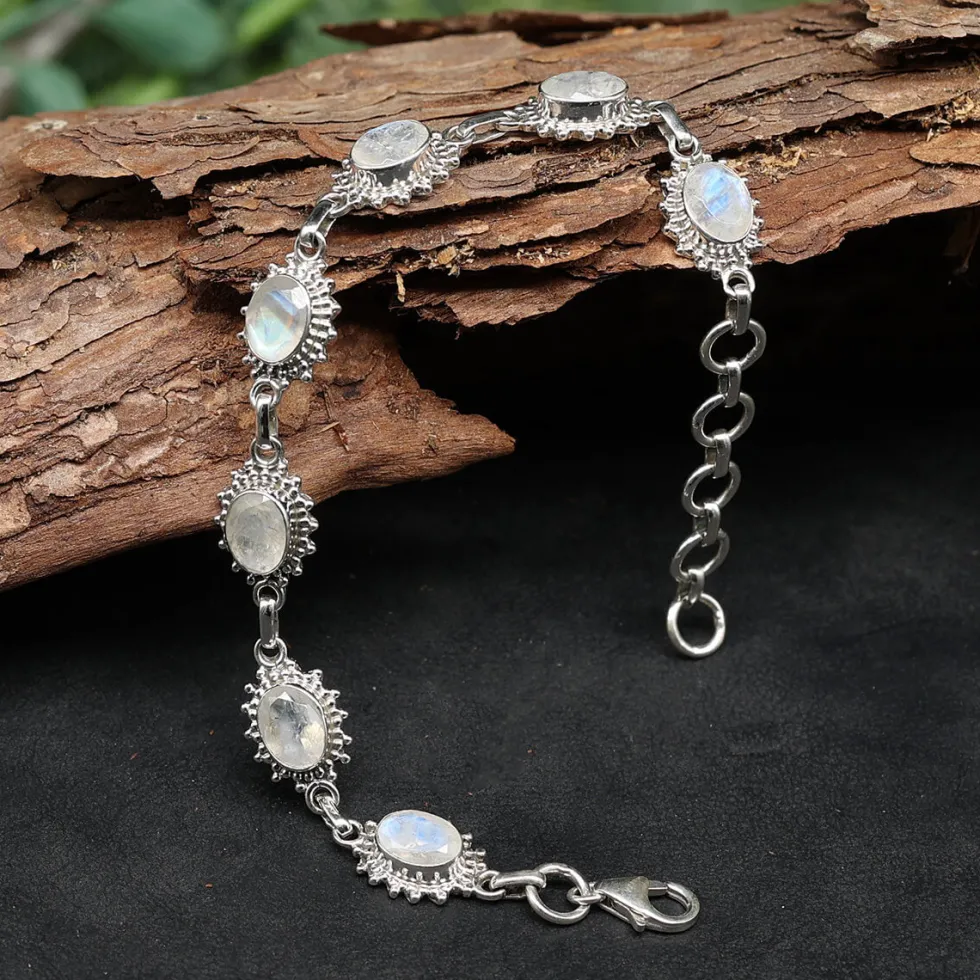 Edelstein Armband 925 Silber Mondstein filigran gefasst edler Armschmuck