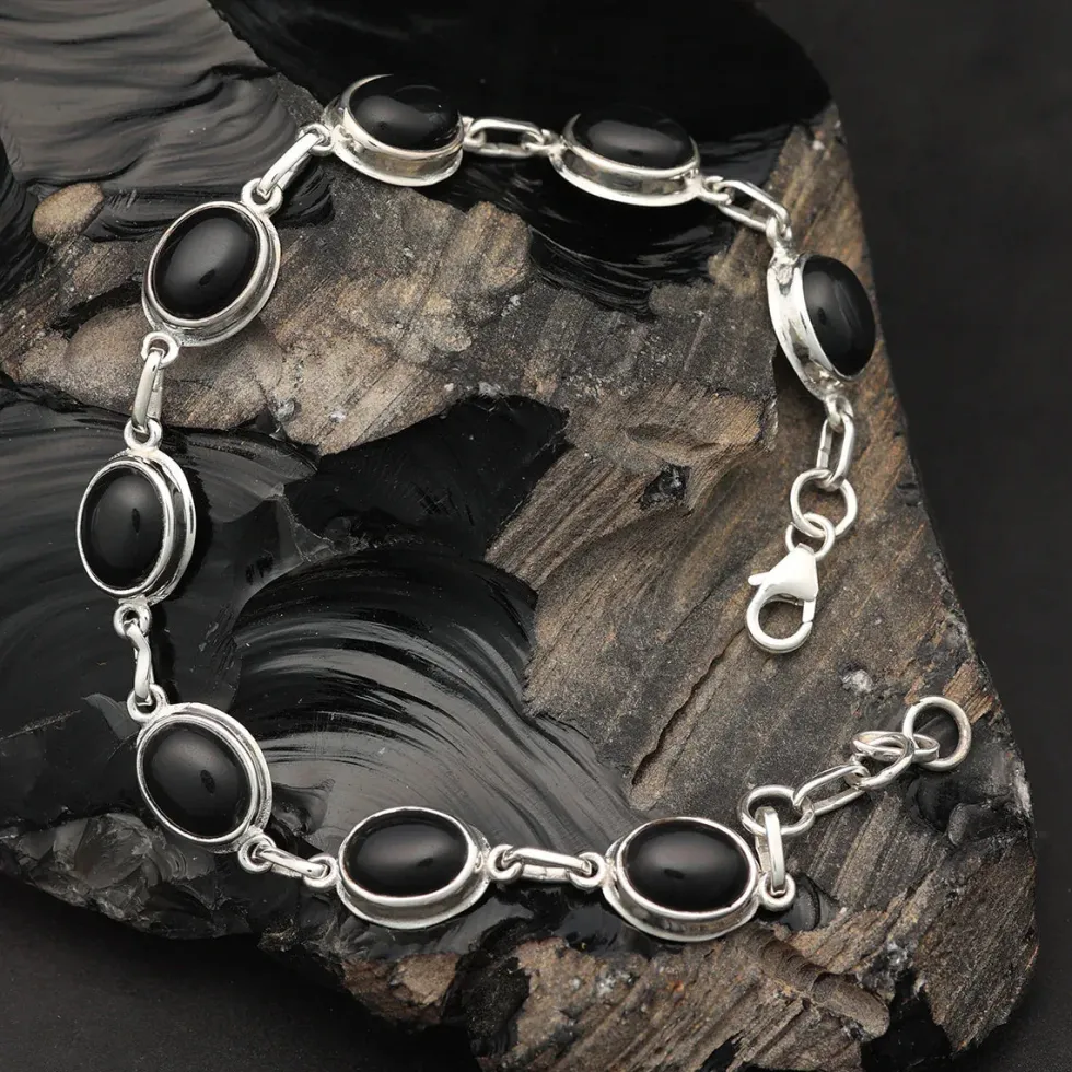 Edles Onyx Armband schlicht 925 Silber schwarze Steine Edelstein Armschmuck