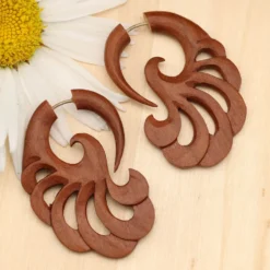 Fächer Holz Ohrschmuck Fake Piercing rotes Holz (Paar)