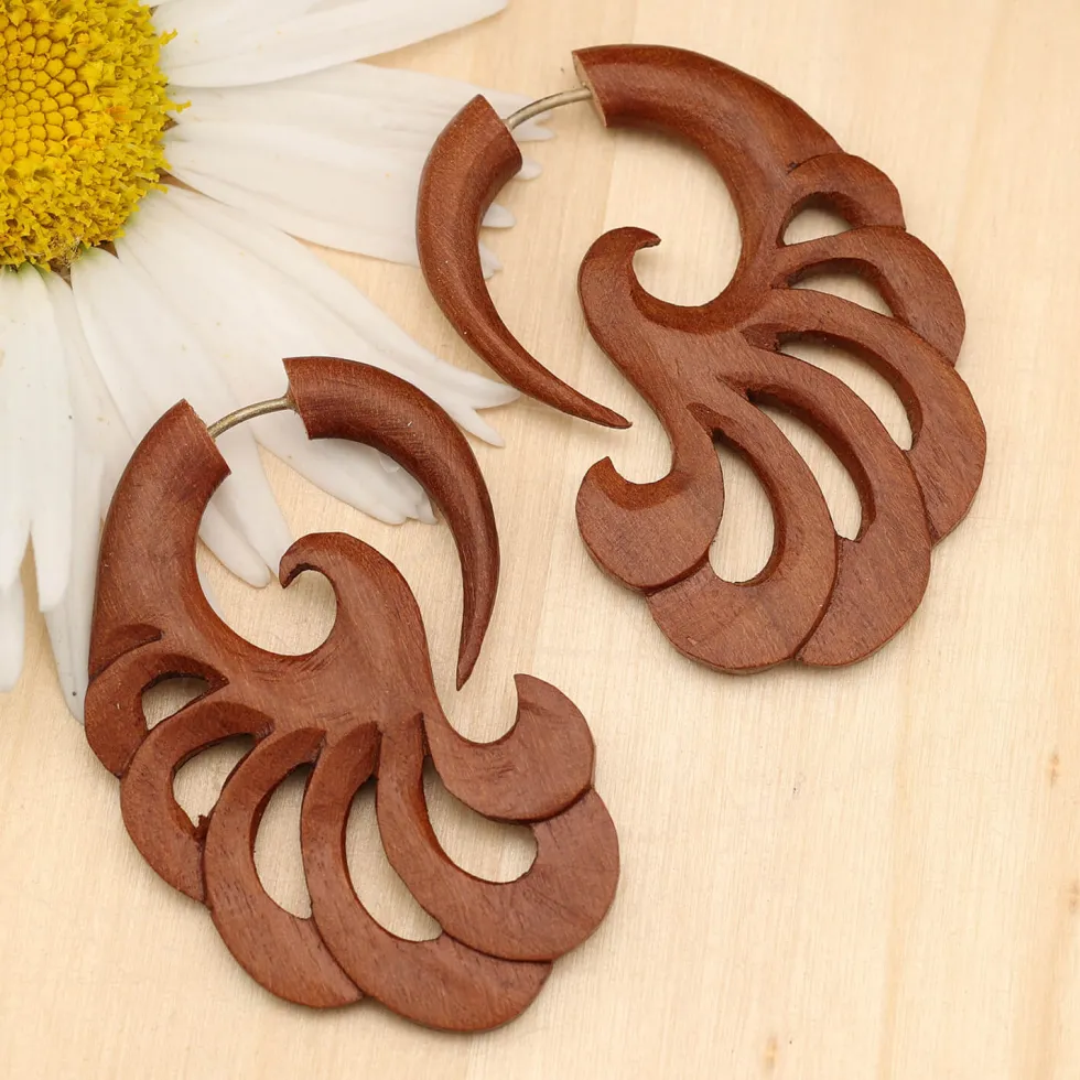 Fächer Holz Ohrschmuck Fake Piercing rotes Holz (Paar)