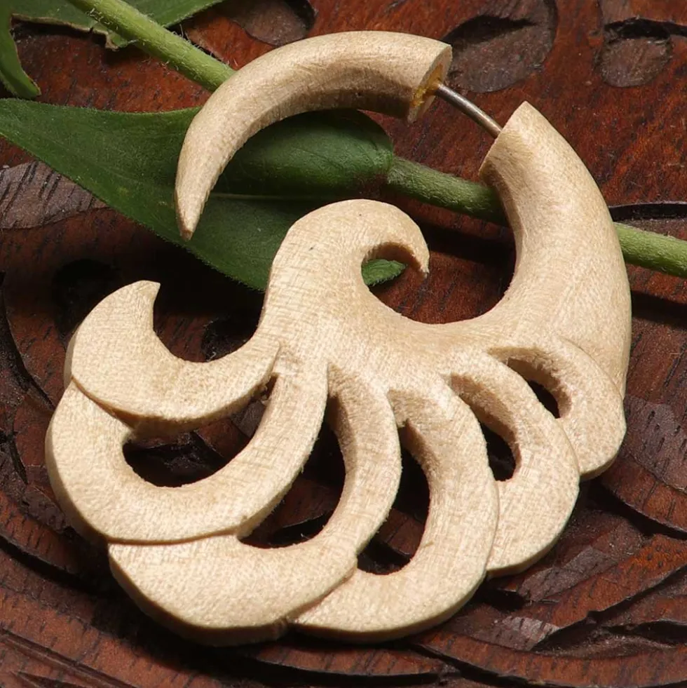 Fächer Holzschmuck Ohrschmuck Fake Piercing weißes Holz (Paar)