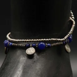 Fußkettchen Blaue Glasperlen Weißmetall mit Spirale