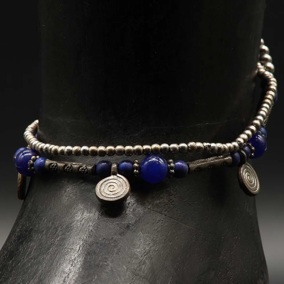 Fußkettchen Blaue Glasperlen Weißmetall mit Spirale