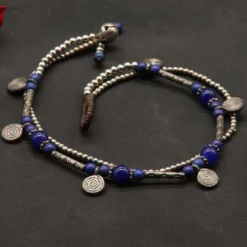 Fußkettchen Blaue Glasperlen Weißmetall mit Spirale
