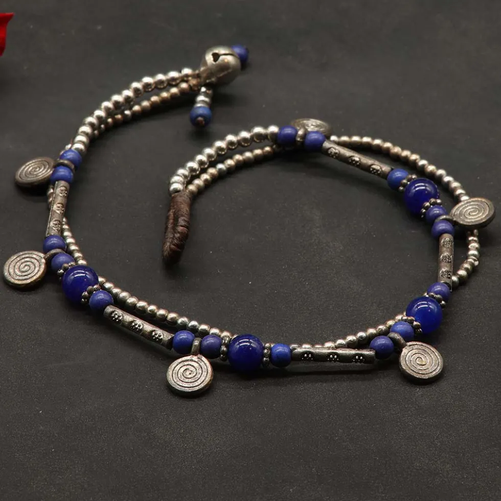 Fußkettchen Blaue Glasperlen Weißmetall mit Spirale