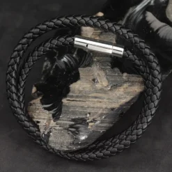 Geflochtenes Schwarzes Leder Armband mit Edelstahl Verschluss