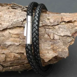 Geflochtenes Schwarzes Leder Armband mit Edelstahl Verschluss