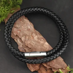 Geflochtenes Schwarzes Leder Armband mit Edelstahl Verschluss