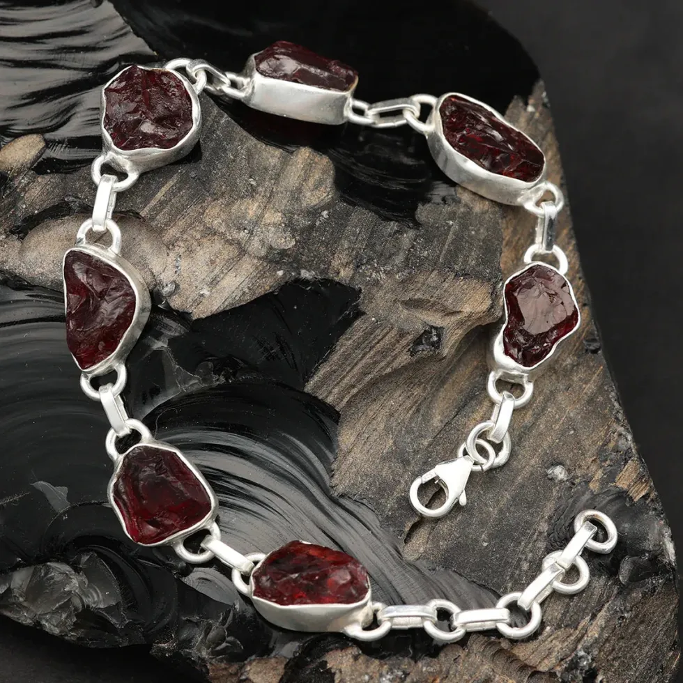 Granat Armband Silber einreihig Rohsteine edler Armschmuck aus Sterlingsilber