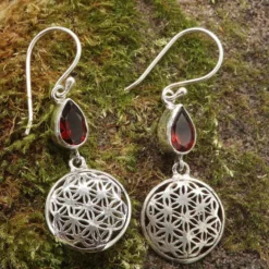 Granat Edelstein Blume des Lebens Ohrringe feine Einhänger 925 Silber