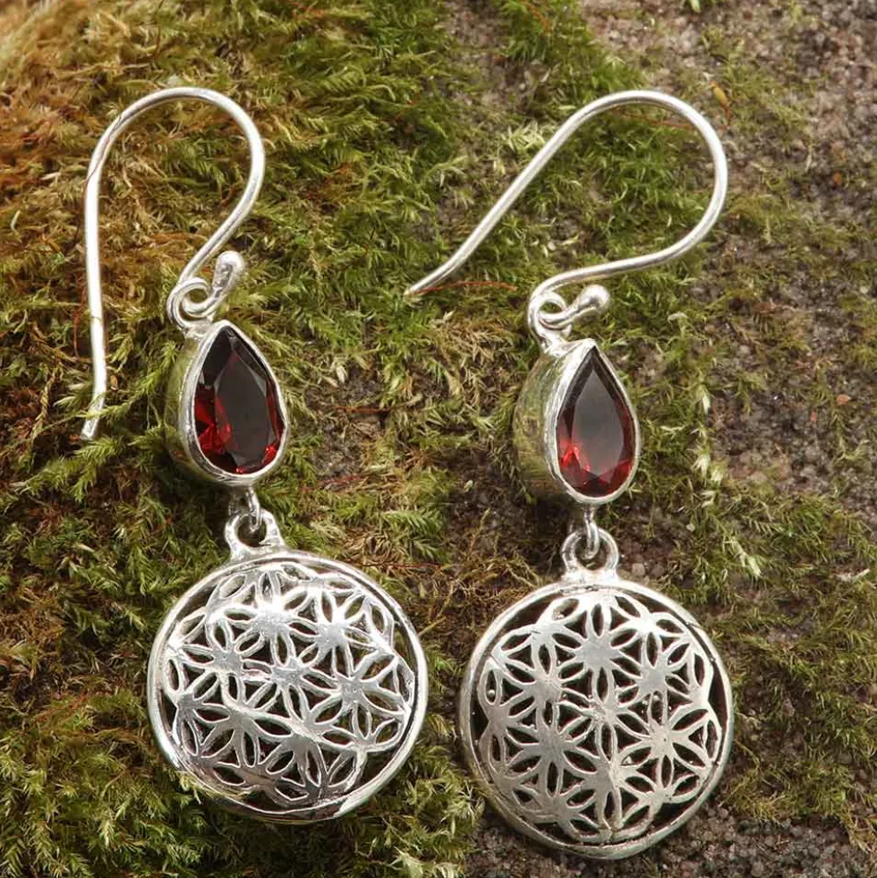 Granat Edelstein Blume des Lebens Ohrringe feine Einhänger 925 Silber