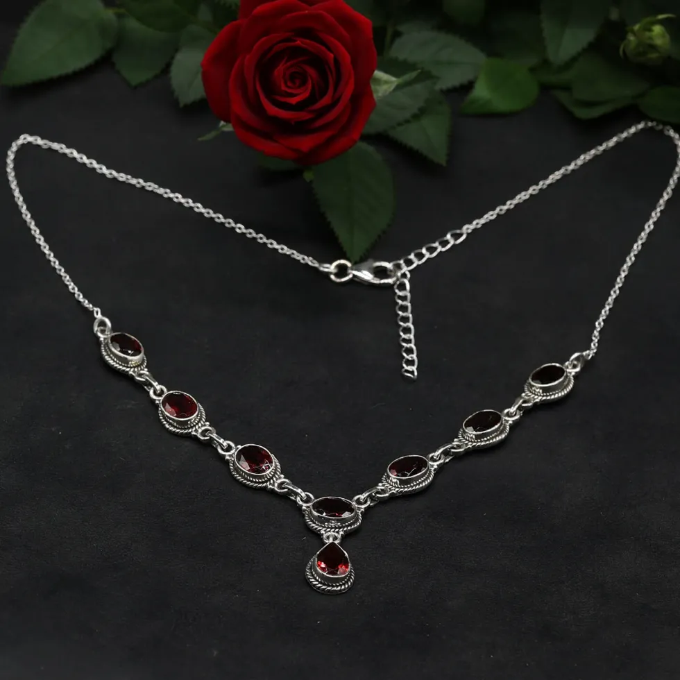 Granat Schmuck Collier 925 Silber rot Damen Collier Edelstein Halskette