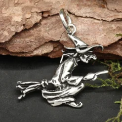 Hexe auf Besen Kettenanhänger Schmuck 925 Silber