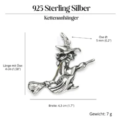 Hexe auf Besen Schmuck Anhänger aus Silber 925