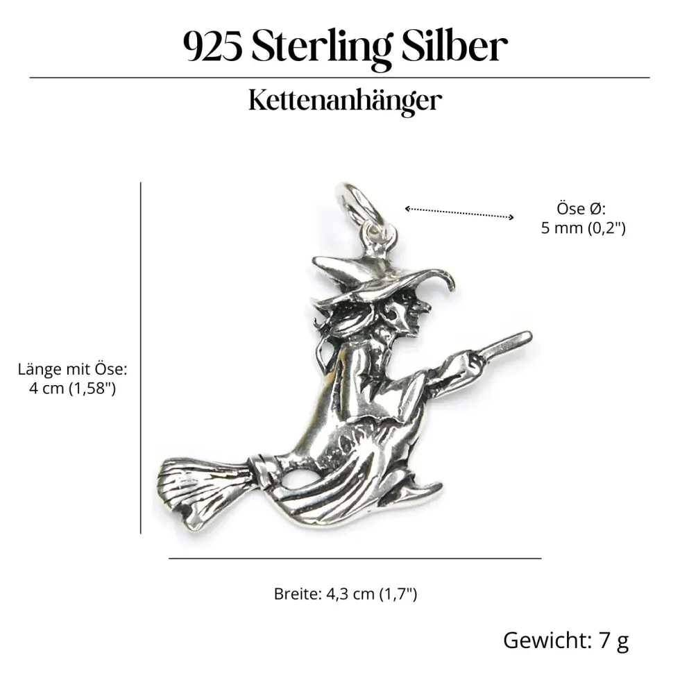 Hexe auf Besen Schmuck Anhänger aus Silber 925