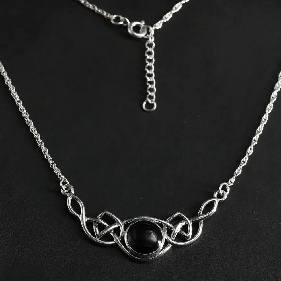 Keltische Onyx Halskette 925 Silber Damen Collier längenverstellbar edler Edelstein schwarz