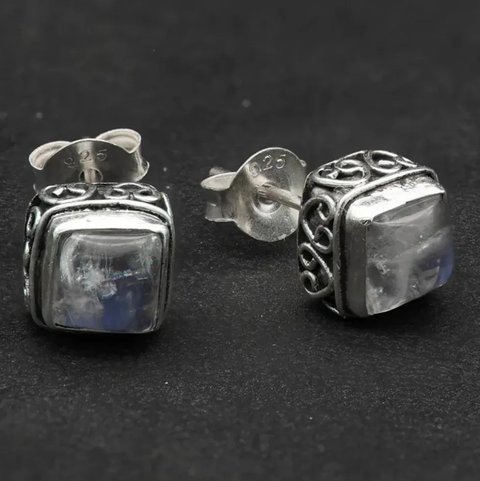Mondstein Ohrstecker Quadrat 7 x 7mm 925 Silber (Paar)