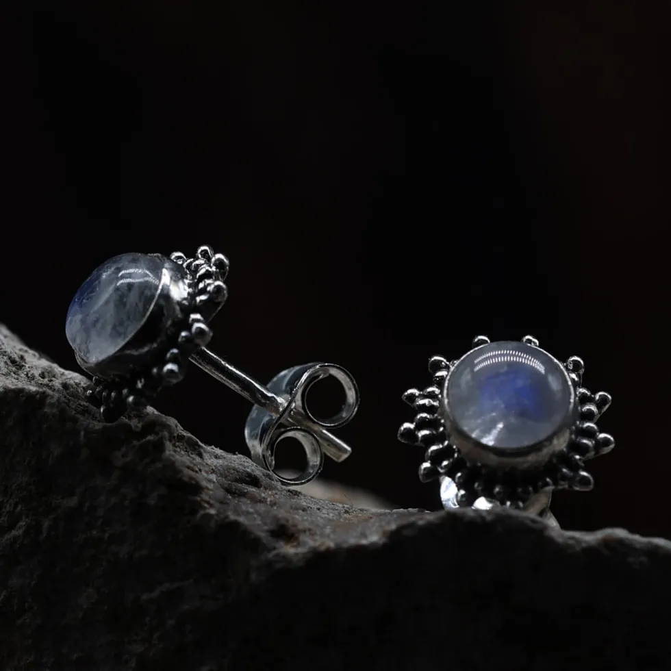 Mondstein Ohrstecker Sonne Edelsteinschmuck 925 Silber Ohrschmuck (Paar)