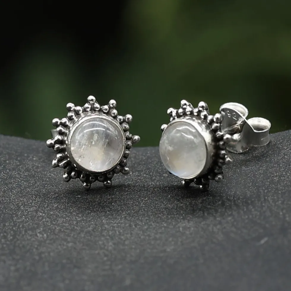 Mondstein Ohrstecker Sonne Edelsteinschmuck 925 Silber Ohrschmuck (Paar)