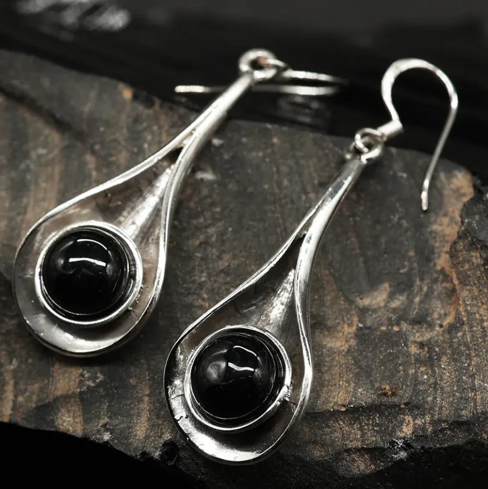 Ohrringe schwarzer Onyx modern schlicht 925 Silber Ohrhänger edel