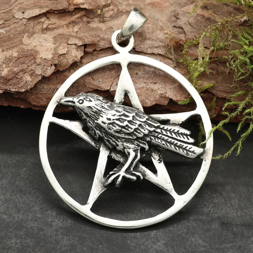 Rabe Anhänger im Pentagramm 925 Silber Schmuck