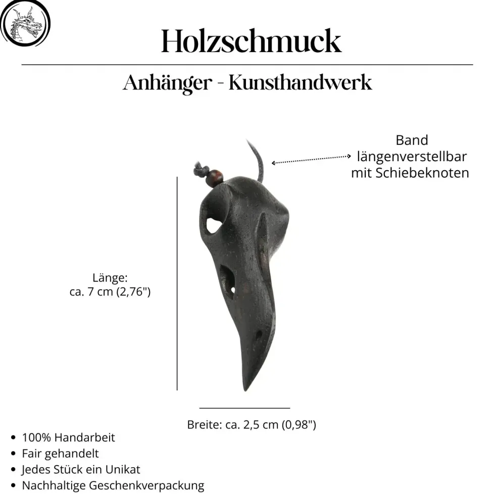Raben Skull Schädel Holz Schmuck Anhänger