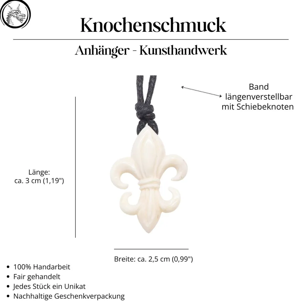 Schmuck Anhänger Fleur des Lys Handarbeit Kette geschnitzt