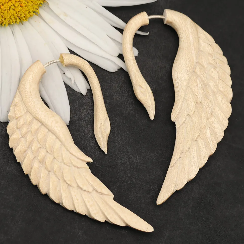 Schwan Holz Ohrschmuck Fake Piercing weißes Holz (Paar)