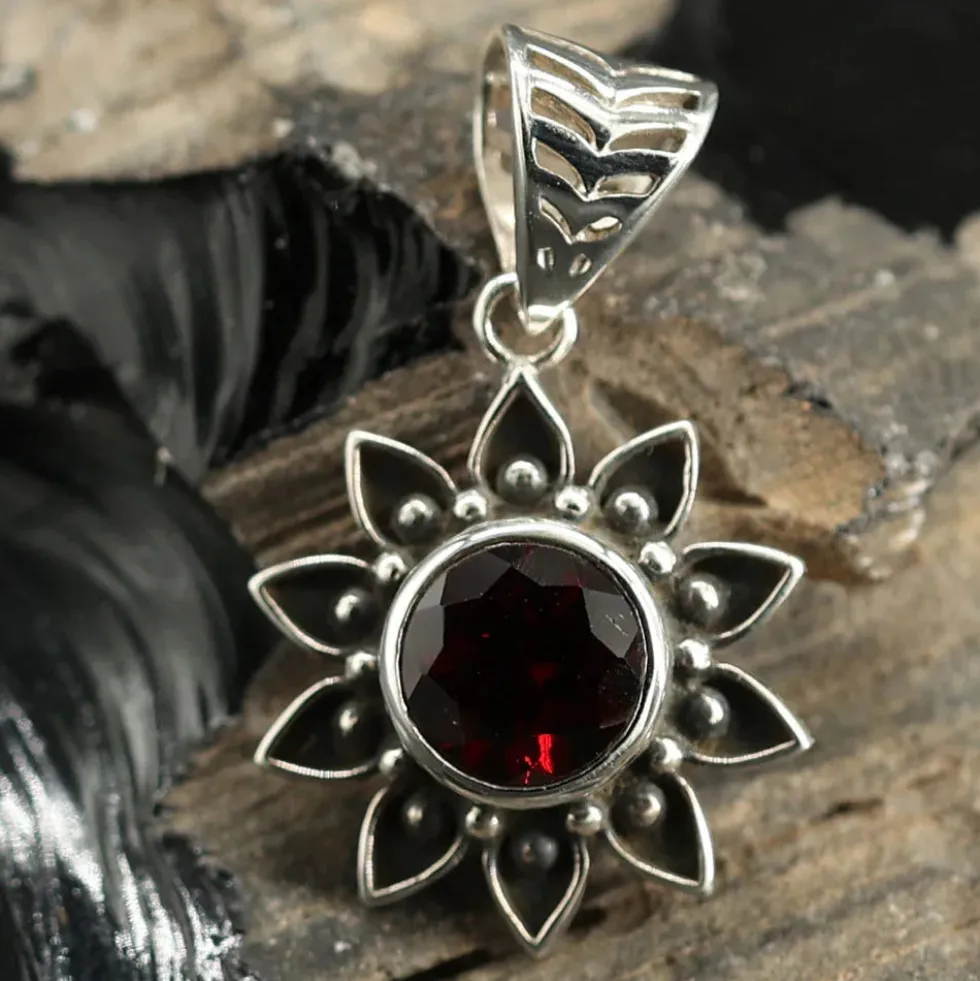 Sonne Granat Anhänger Edelstein Silber Schmuck 925 Silber