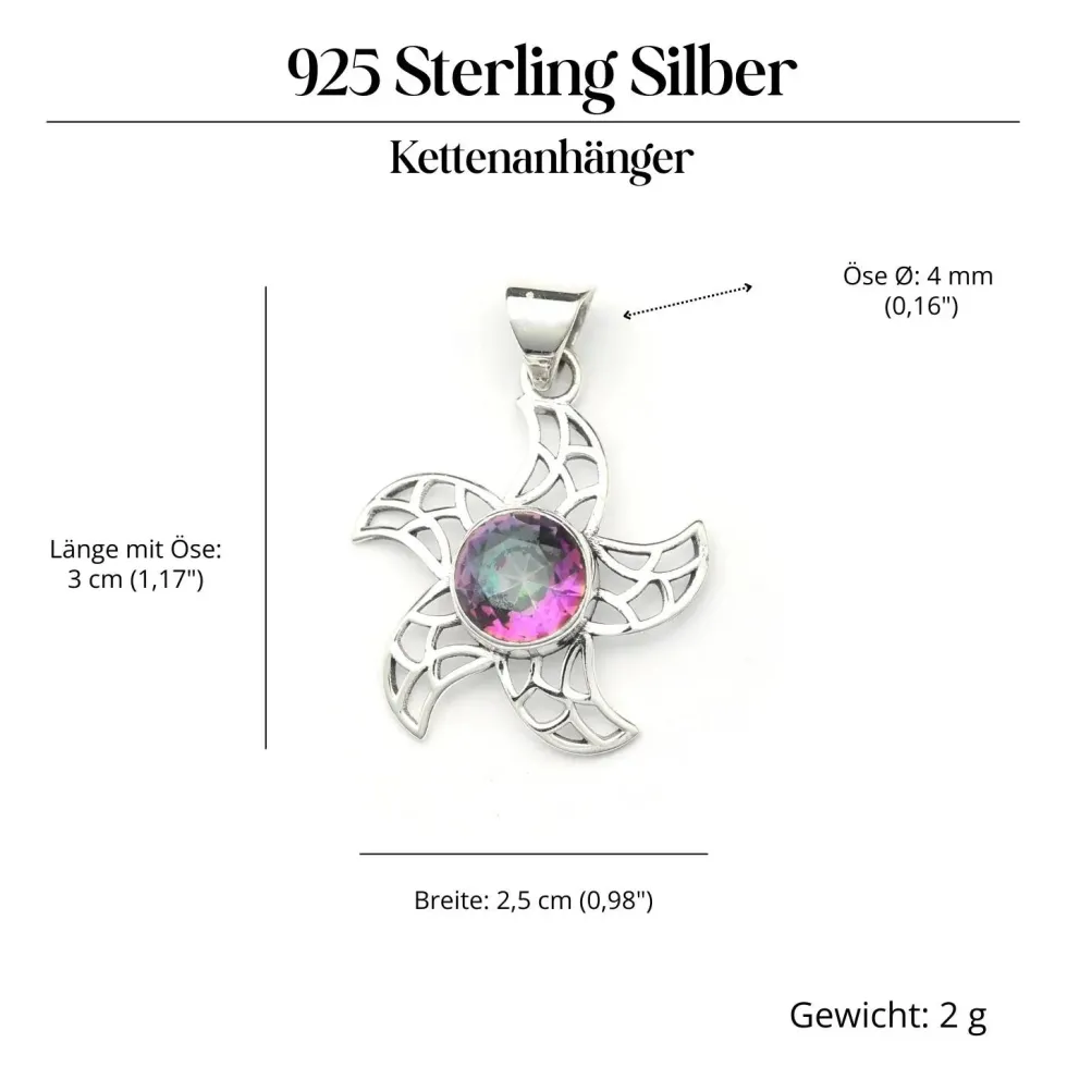 Sonnen Anhänger mit Edelstein Magic Quarz aus 925 Silber
