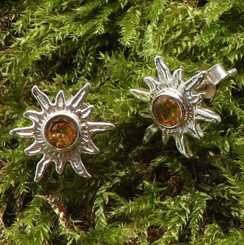 Sonne Ohrstecker Edelstein Citrin 925er Silber Ohrschmuck (Paar)