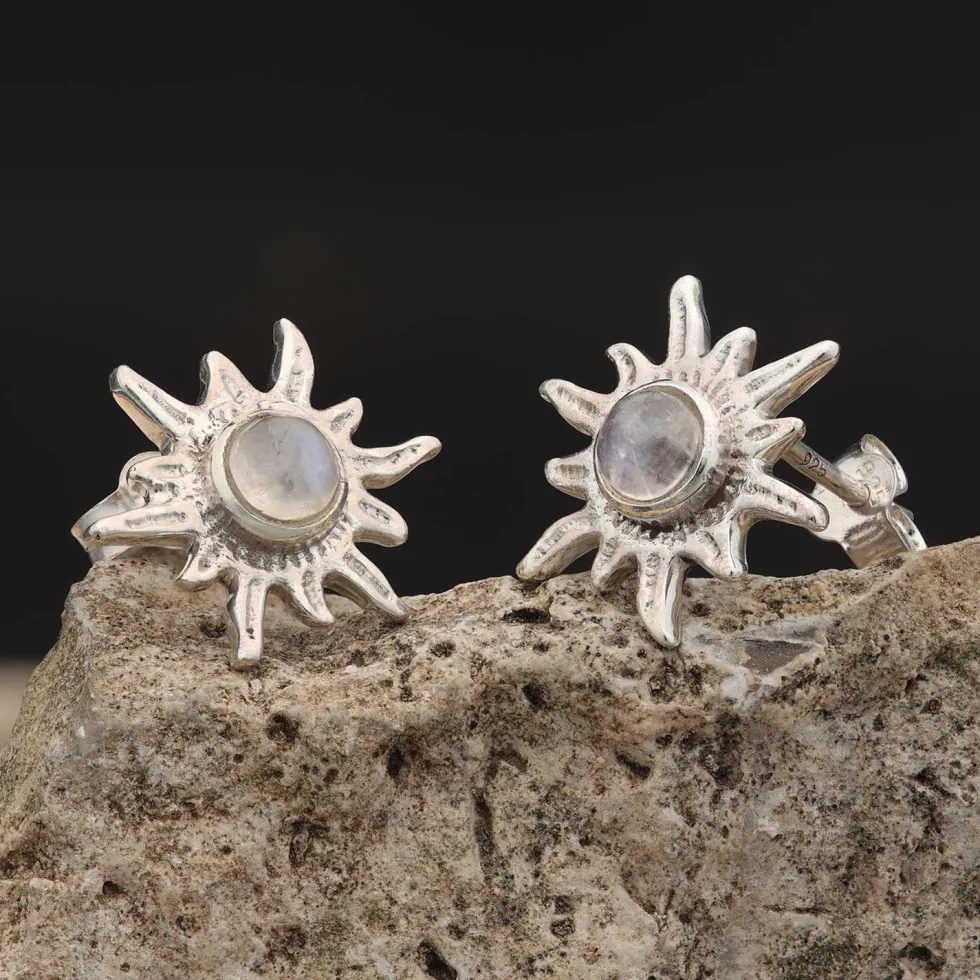 Sonne Ohrstecker Edelstein Mondstein 925er Silber Ohrschmuck (Paar)