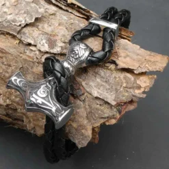 Thorshammer Armband Leder mit Edelstahl Schiebe Verschluss