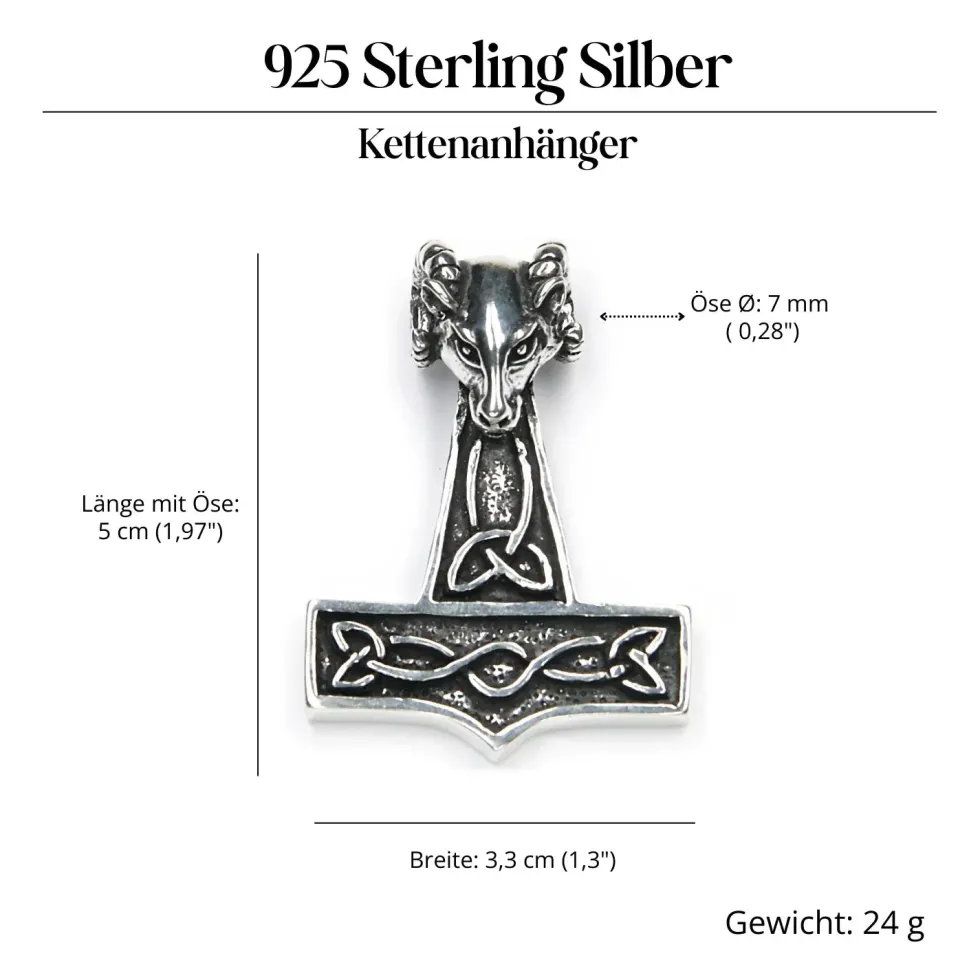Thors Hammer mit Widderkopf Schmuck Anhänger 925 Silber