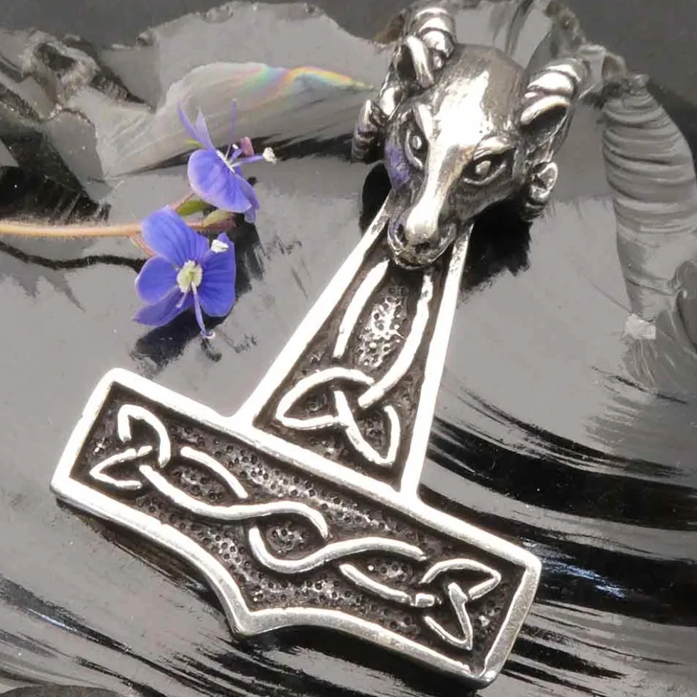 Thors Hammer mit Widderkopf Schmuck Anhänger 925 Silber