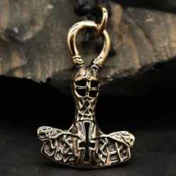 Thors Hammer Schmuck Bronze Wikinger Anhänger mit Kreuz